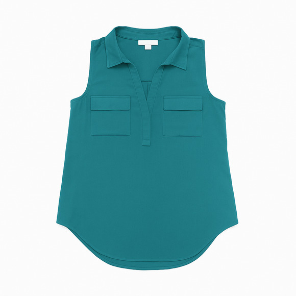 LOFT Teal Blue Mixed Media Sleeveless Split Neck Blouse - Size Medium 💙✨💚 - Picture 5 of 11